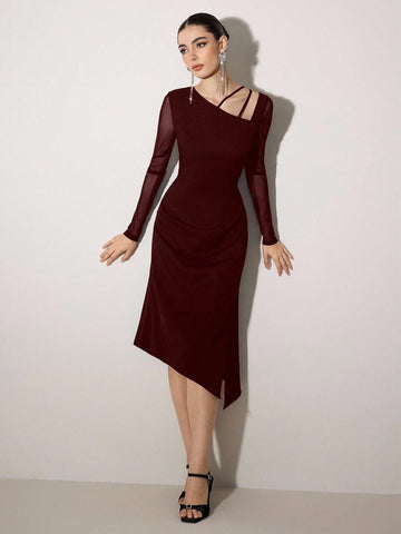 Poshira Women's Asymmetric Cold-Shoulder Elegant Formal Dress