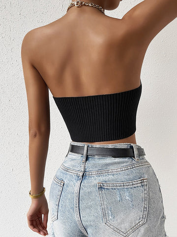 Privé Chain Detail Backless Crop Halter Knit Top