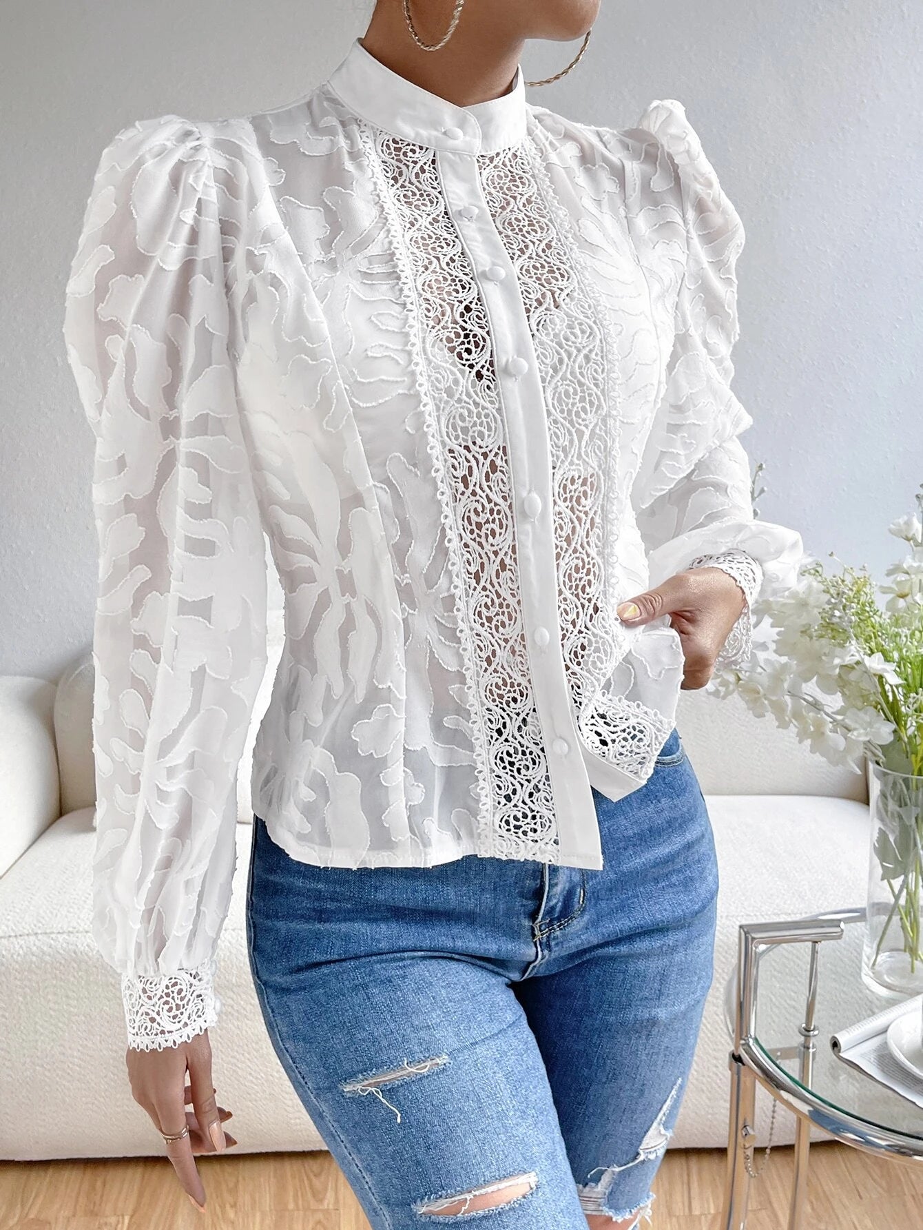 Privé Contrast Lace Lantern Sleeve Mock Neck Shirt Without Bra