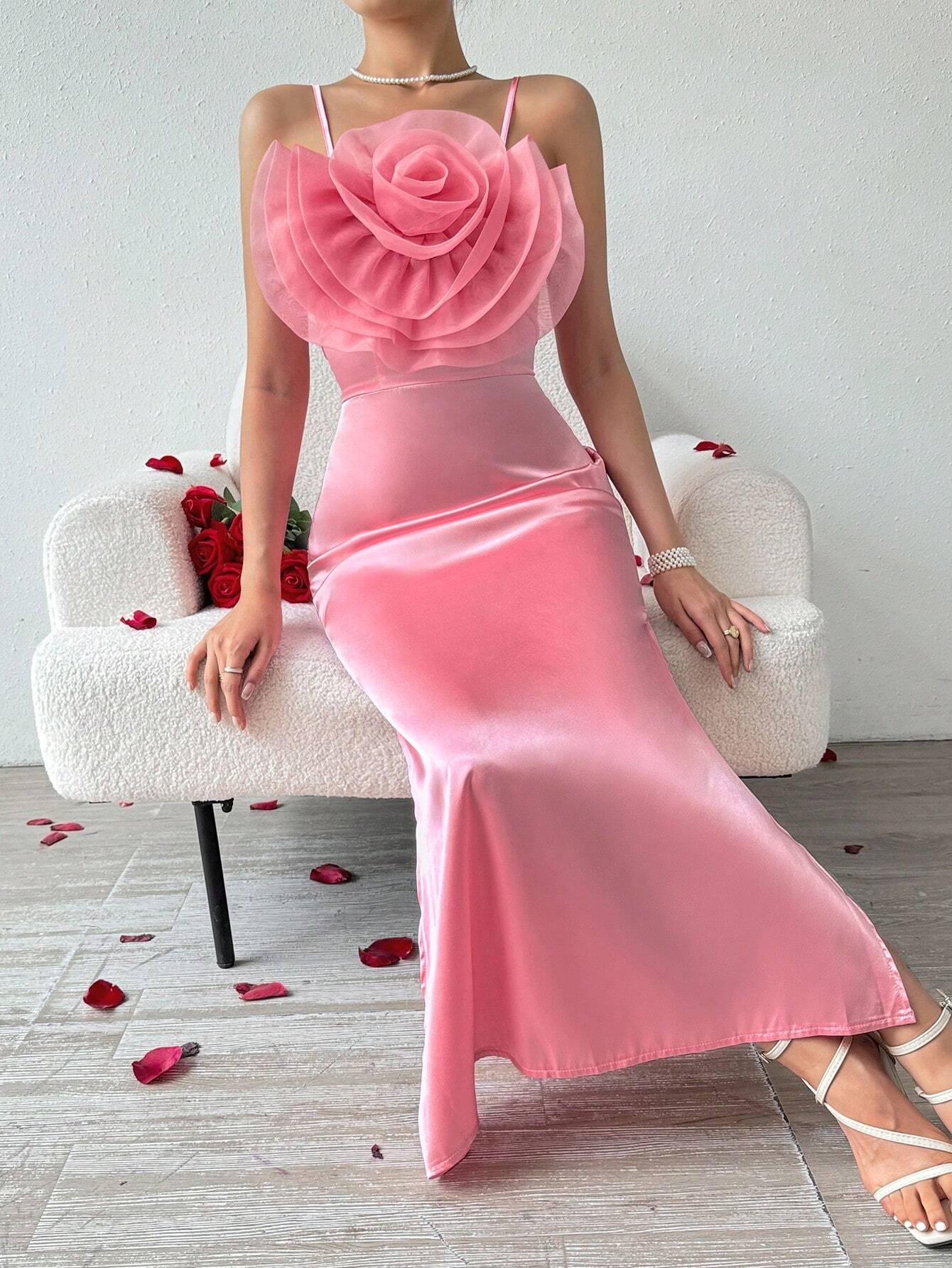 Privé Exaggerated Stand-Up Collar, Flower-Embellished Slit Side Cami Dress