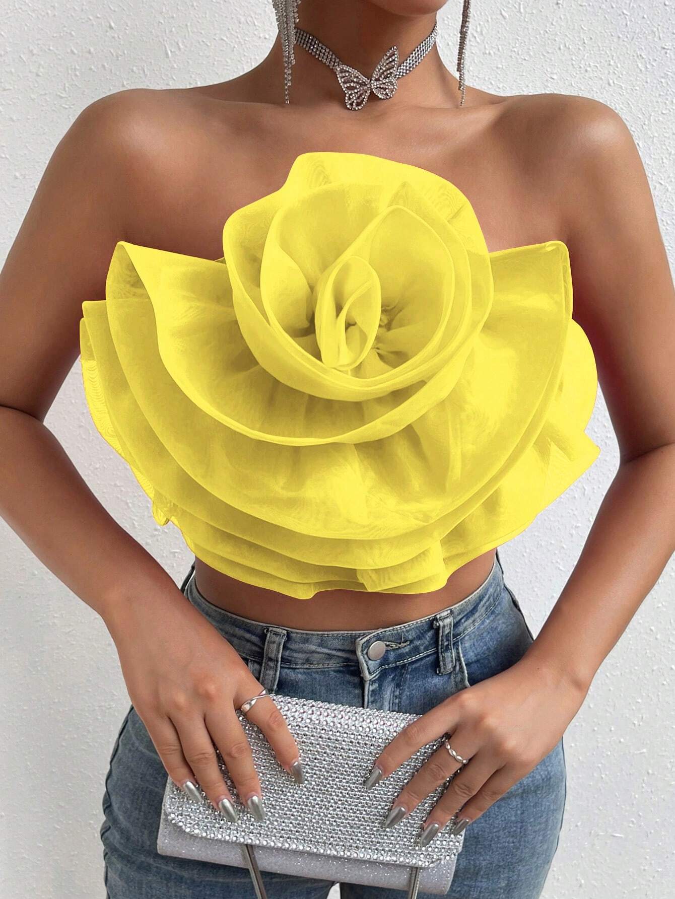 Privé Flower Decor Crop Tube Top