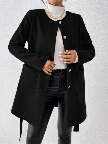 Privé Ladies' Solid Color Woolen Coat With Button Details And Belted Waist