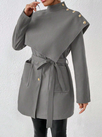 Privé Ladies' Solid Color Woolen Coat With Button Details And Belted Waist