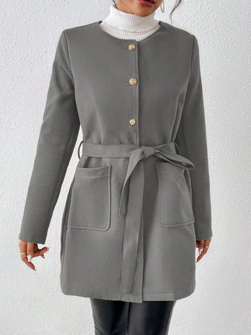 Privé Ladies' Solid Color Woolen Coat With Button Details And Belted Waist