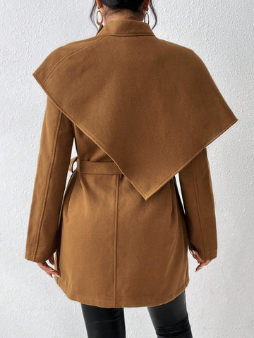 Privé Ladies' Solid Color Woolen Coat With Button Details And Belted Waist