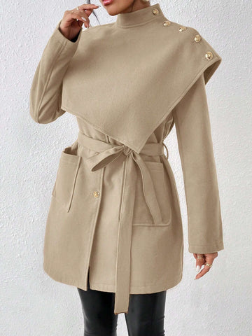 Privé Ladies' Solid Color Woolen Coat With Button Details And Belted Waist