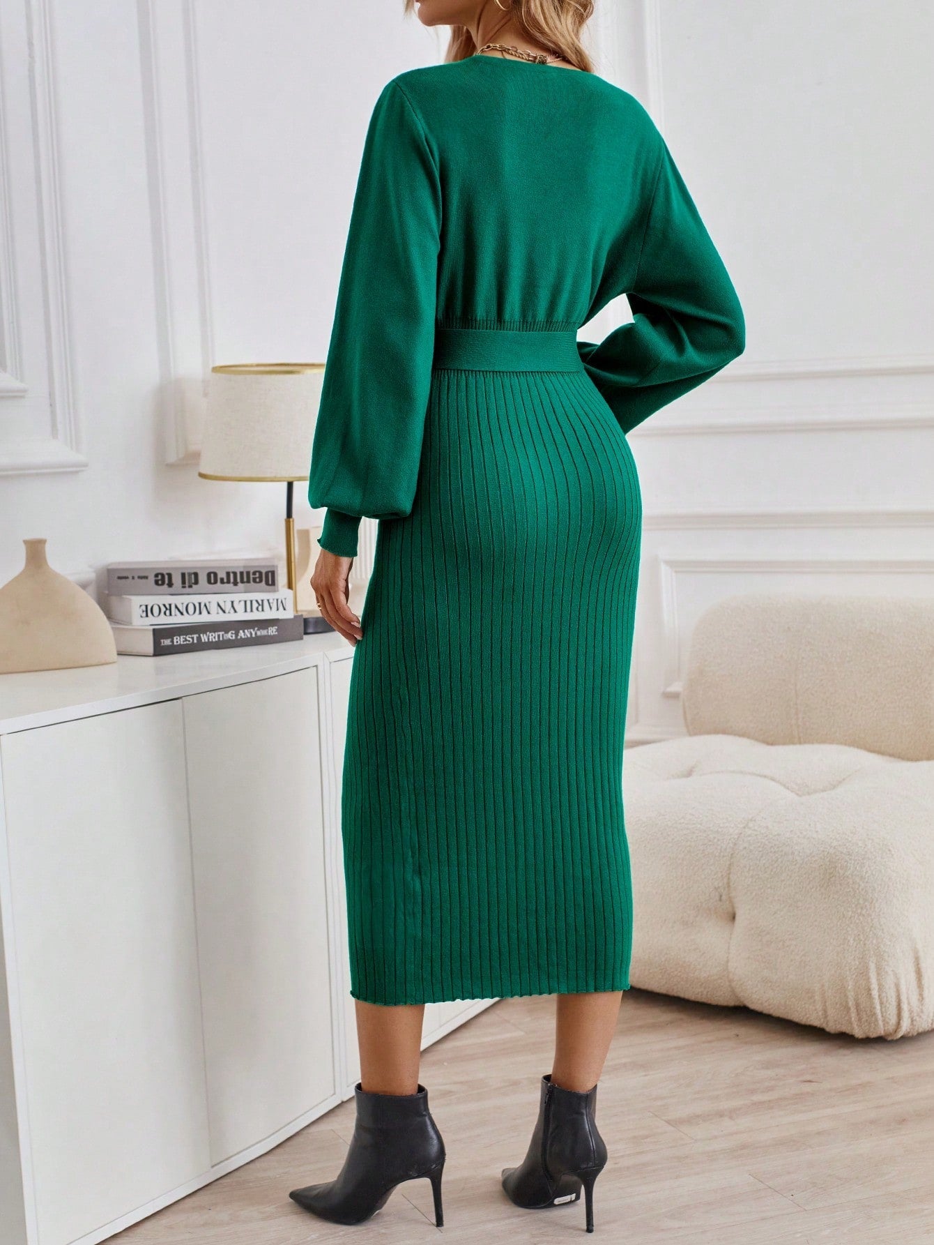 Privé Lantern Sleeve Belted Sweater Dress