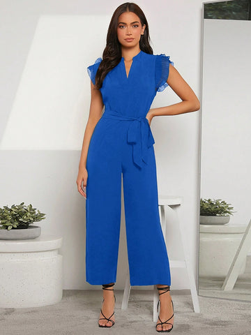 Privé Notched Neckline Butterfly Sleeve Belted Jumpsuit