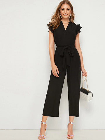 Privé Notched Neckline Butterfly Sleeve Belted Jumpsuit