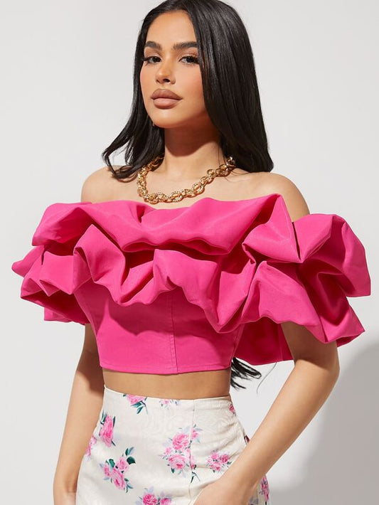 Privé Off Shoulder Exaggerated Ruffle Trim Crop Top