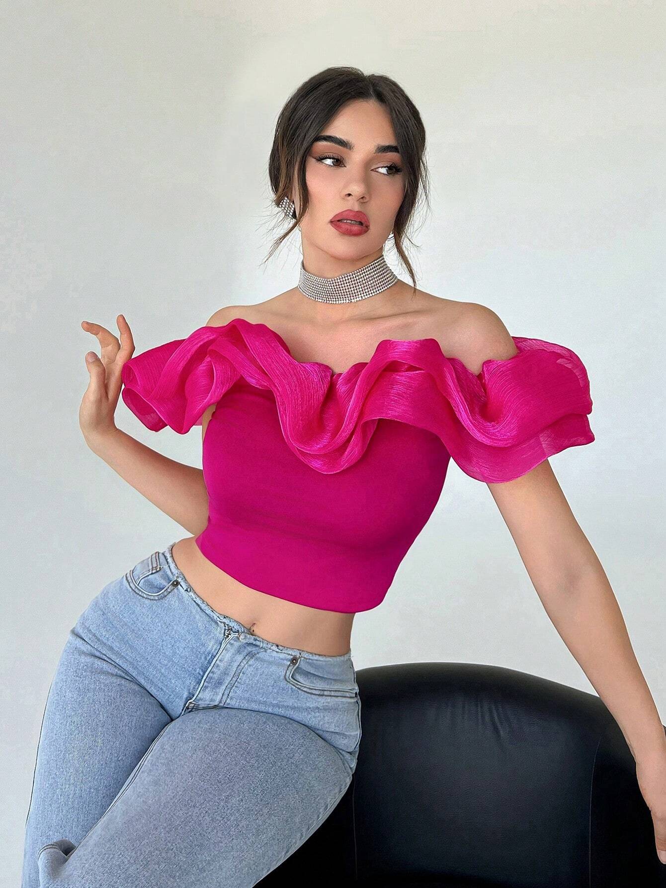 Privé Off Shoulder Ruffle Trim Crop Top