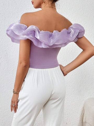 Privé Off Shoulder Ruffle Trim Crop Top