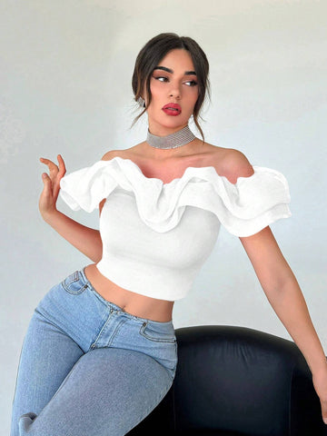 Privé Off Shoulder Ruffle Trim Crop Top