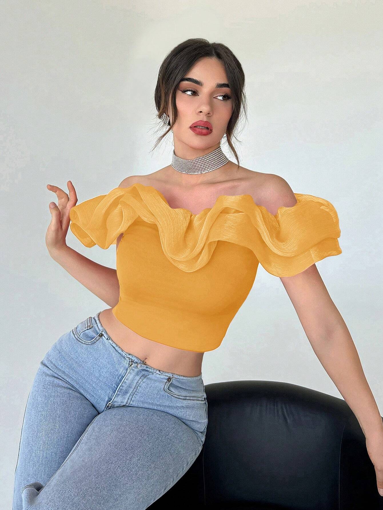 Privé Off Shoulder Ruffle Trim Crop Top