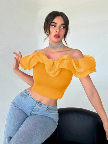 Privé Off Shoulder Ruffle Trim Crop Top