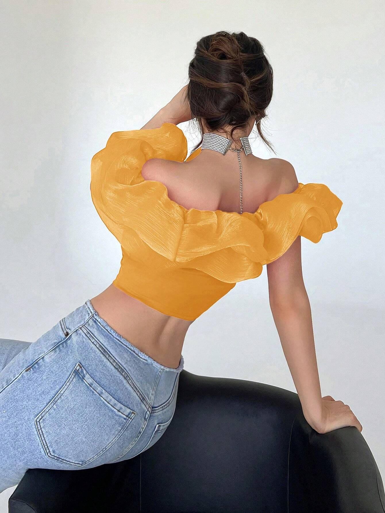 Privé Off Shoulder Ruffle Trim Crop Top