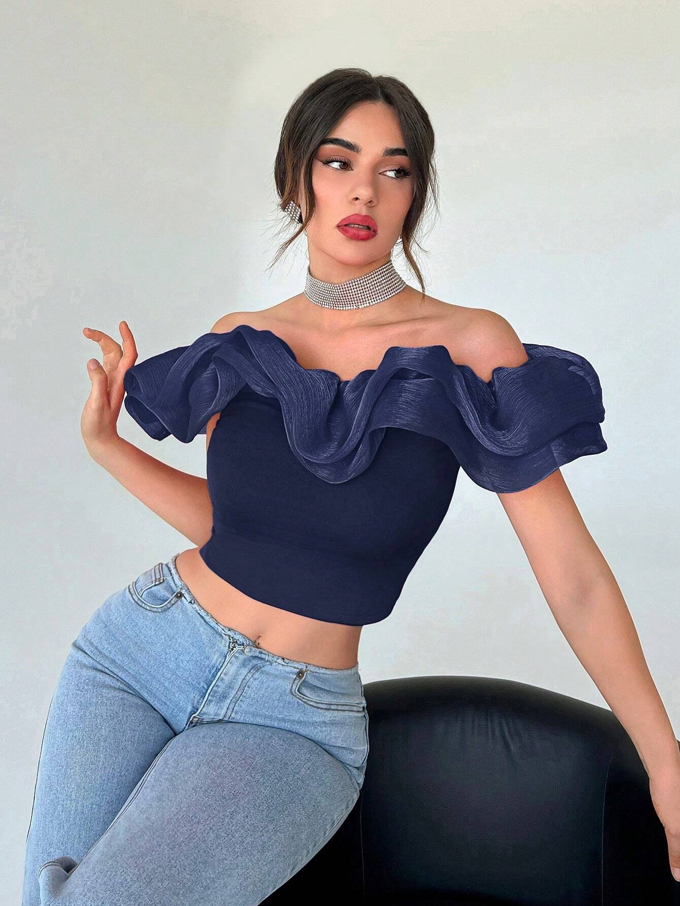 Privé Off Shoulder Ruffle Trim Crop Top