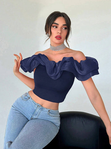 Privé Off Shoulder Ruffle Trim Crop Top