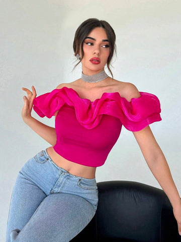 Privé Off Shoulder Ruffle Trim Crop Top