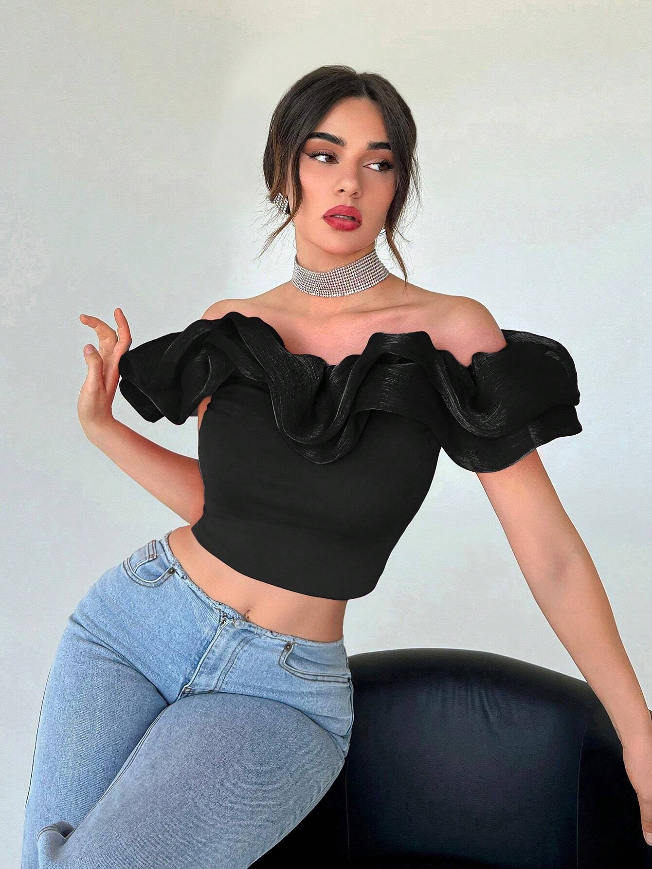 Privé Off Shoulder Ruffle Trim Crop Top