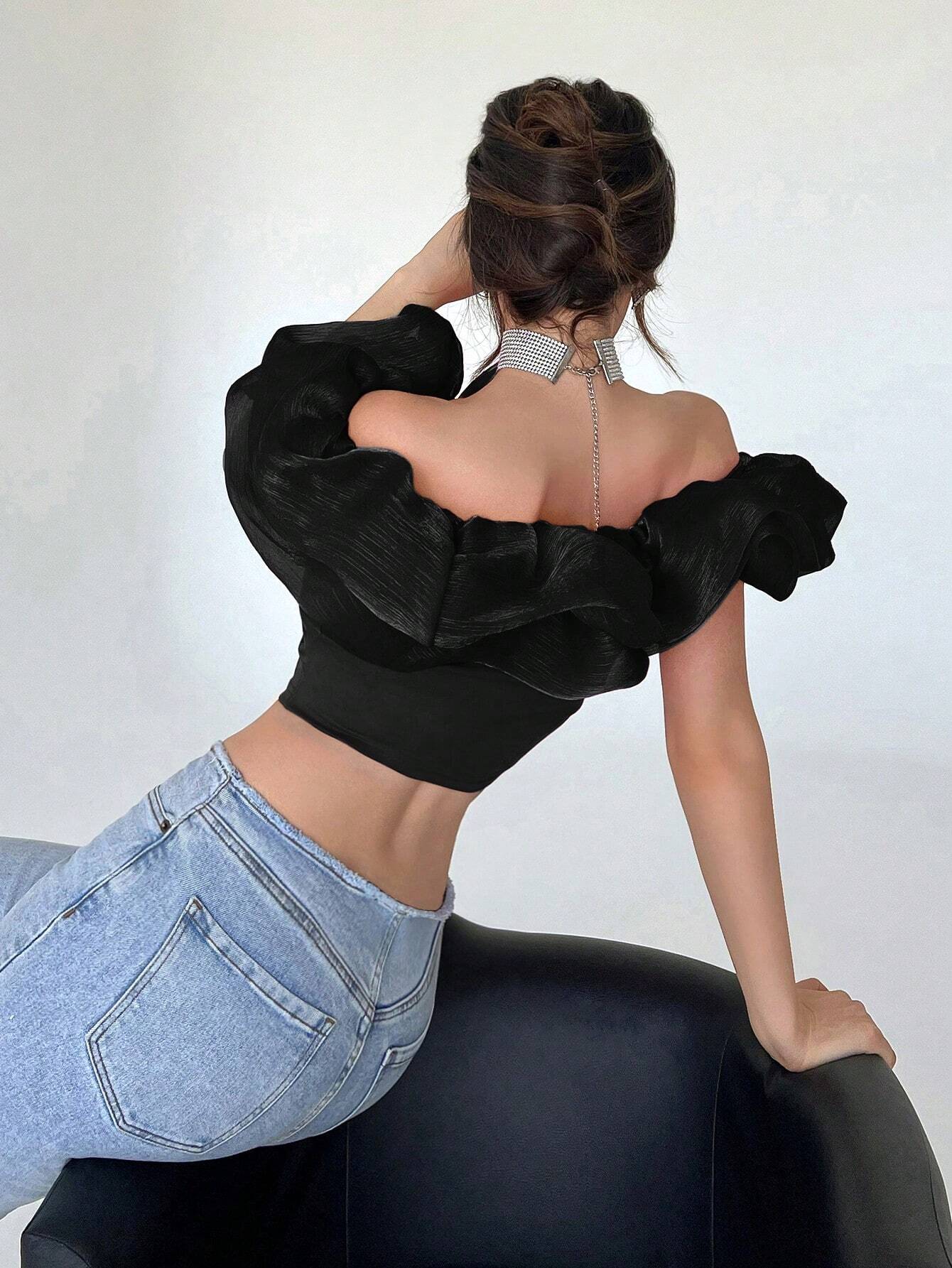 Privé Off Shoulder Ruffle Trim Crop Top