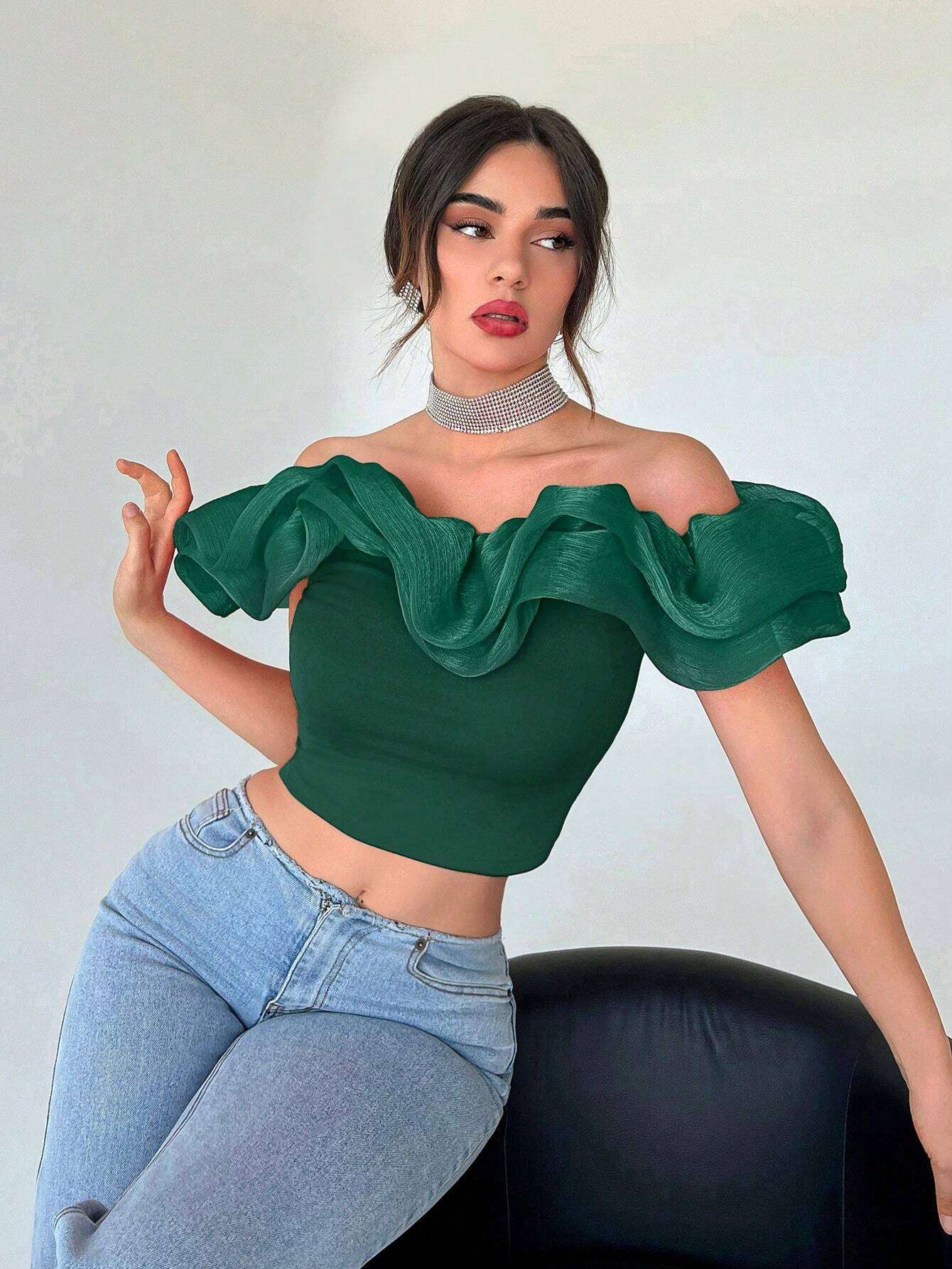 Privé Off Shoulder Ruffle Trim Crop Top