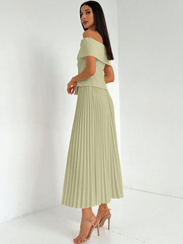 Privé One-Shoulder Collared Shirt And Pleated Midi Skirt Set