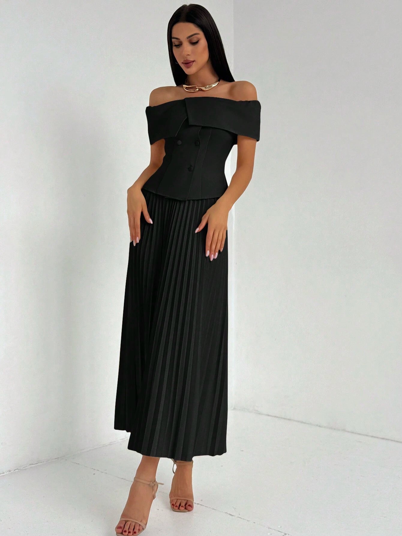 Privé One-Shoulder Collared Shirt And Pleated Midi Skirt Set