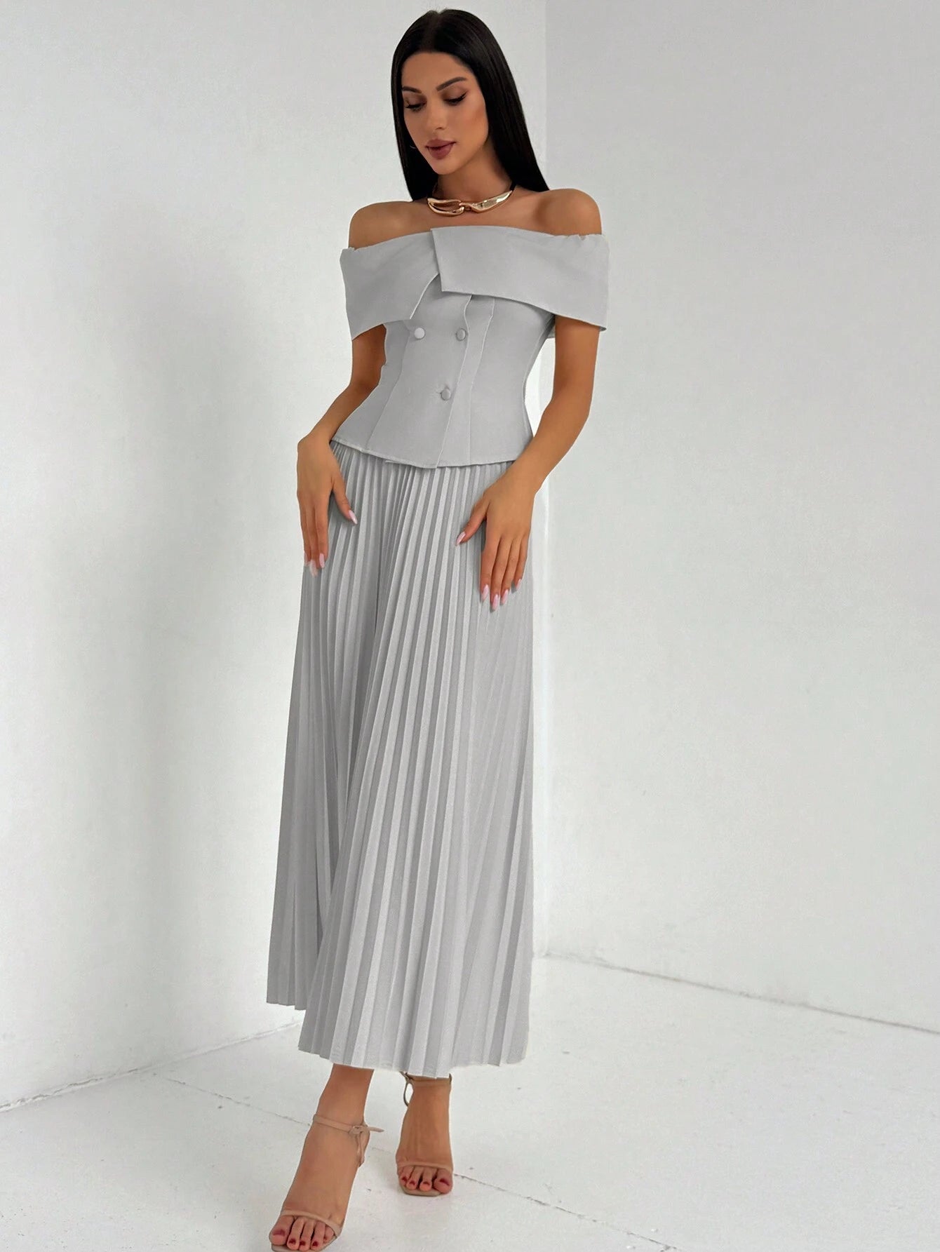 Privé One-Shoulder Collared Shirt And Pleated Midi Skirt Set