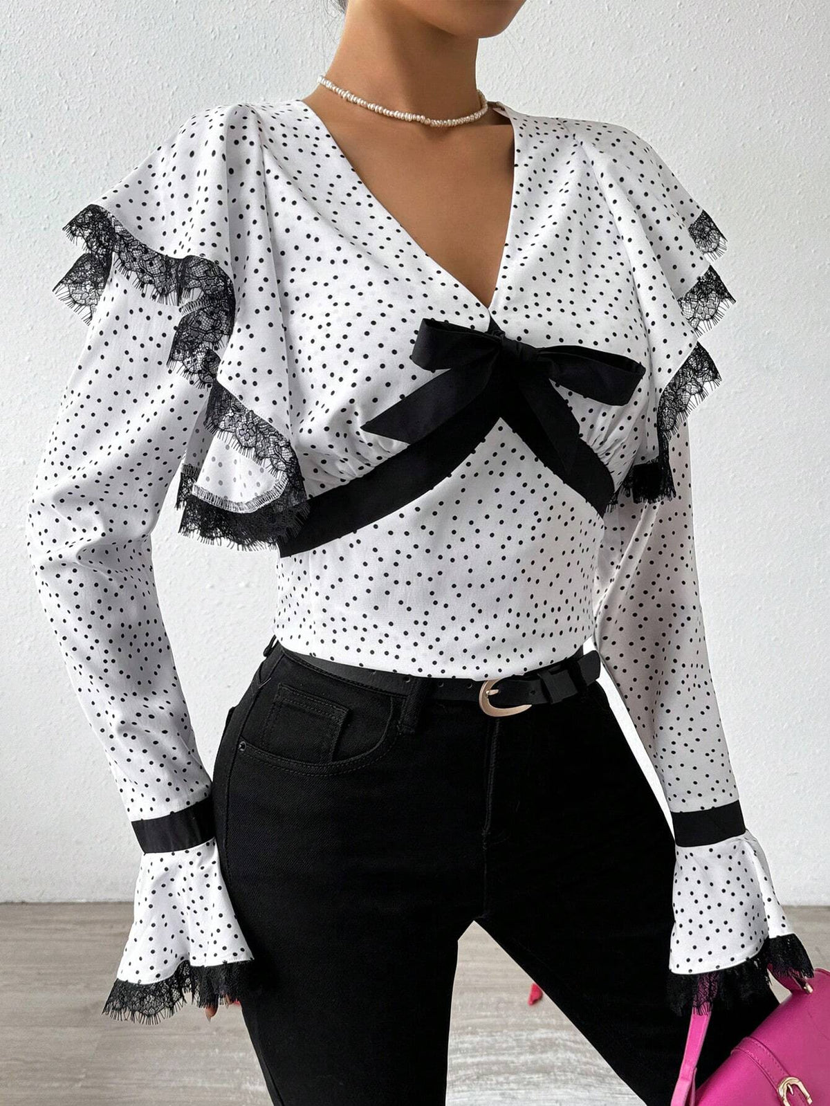 Privé Polka Dot Print Shirt With Lace & Contrast Ruffle Trim And Bow Tie