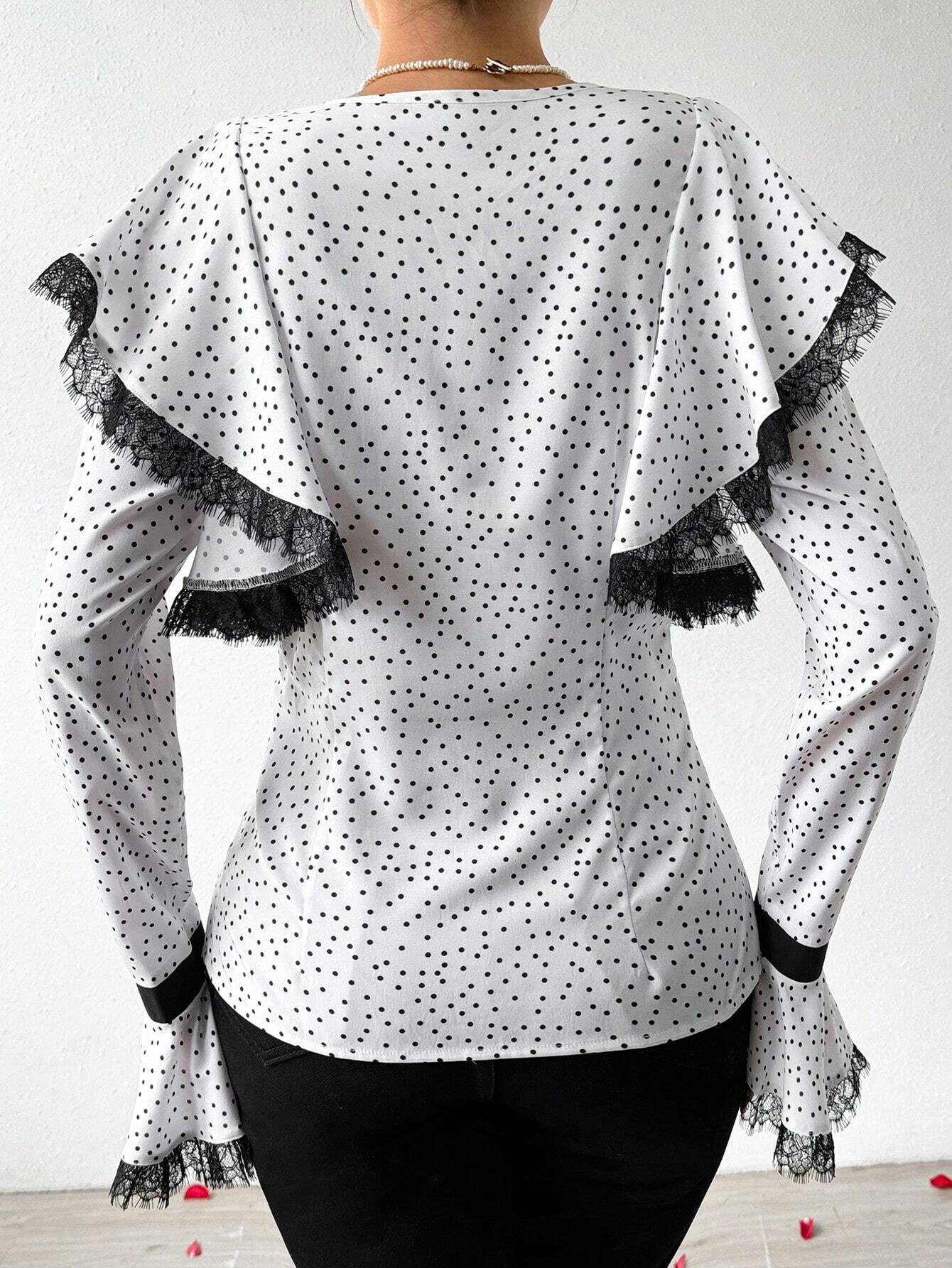 Privé Polka Dot Print Shirt With Lace & Contrast Ruffle Trim And Bow Tie