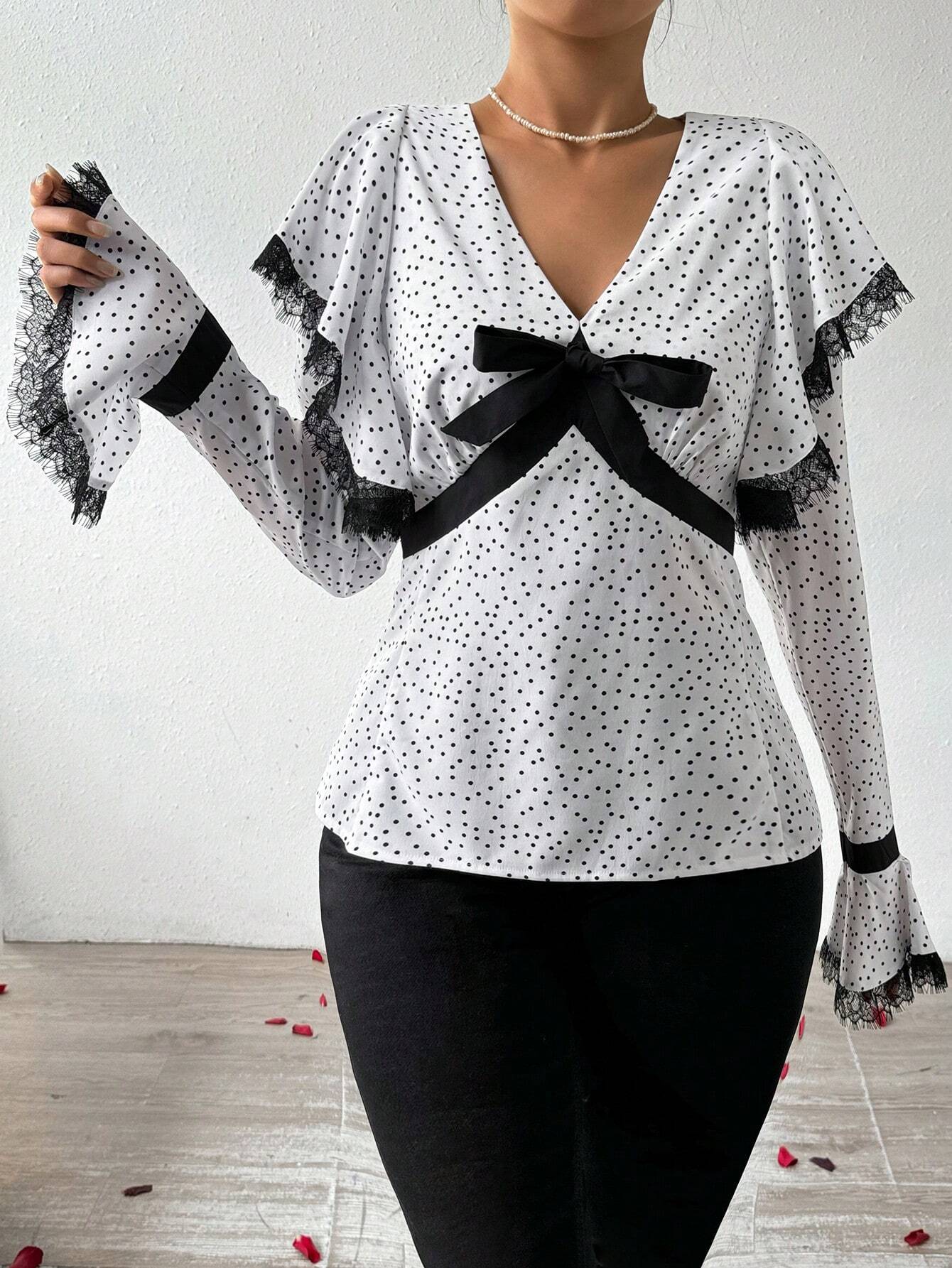 Privé Polka Dot Print Shirt With Lace & Contrast Ruffle Trim And Bow Tie