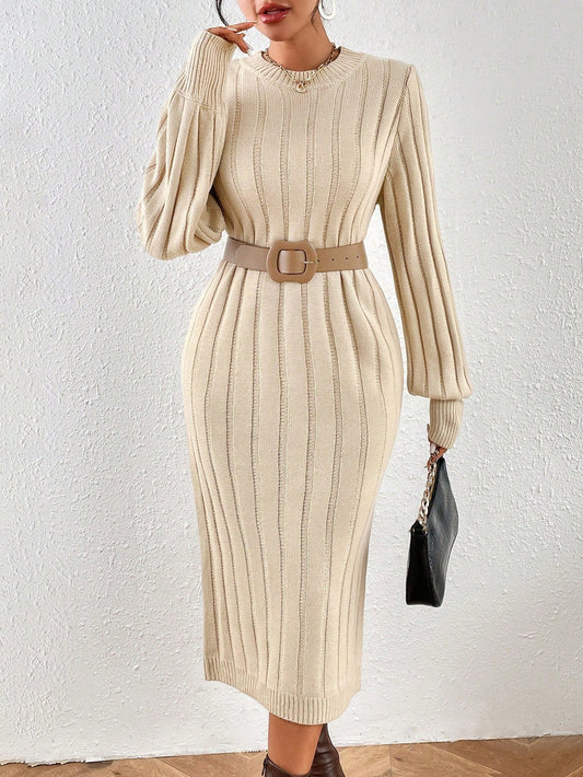 Privé Solid Ribbed Knit Sweater Dress Without Belt