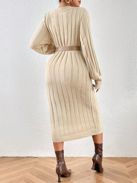 Privé Solid Ribbed Knit Sweater Dress Without Belt