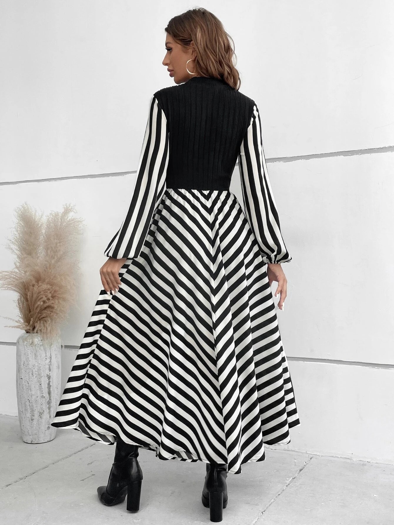 Privé Striped Mock Neck Lantern Sleeve Dress Without Belt