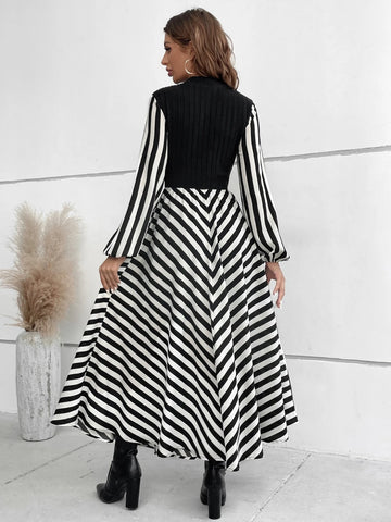 Privé Striped Mock Neck Lantern Sleeve Dress Without Belt