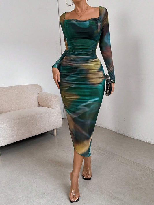 Privé Tie-Dye Draped-Neck Ruched Bodycon Dress