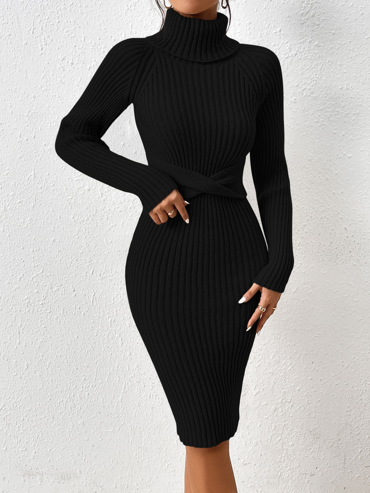 Privé Turtleneck Raglan Sleeve Twist Front Sweater Dress