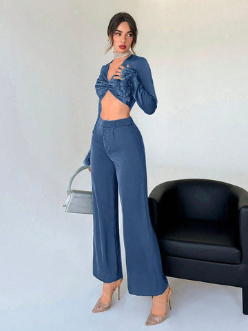 Privé Twist Front Fuzzy Cuff Crop Top & Wide Leg Pants