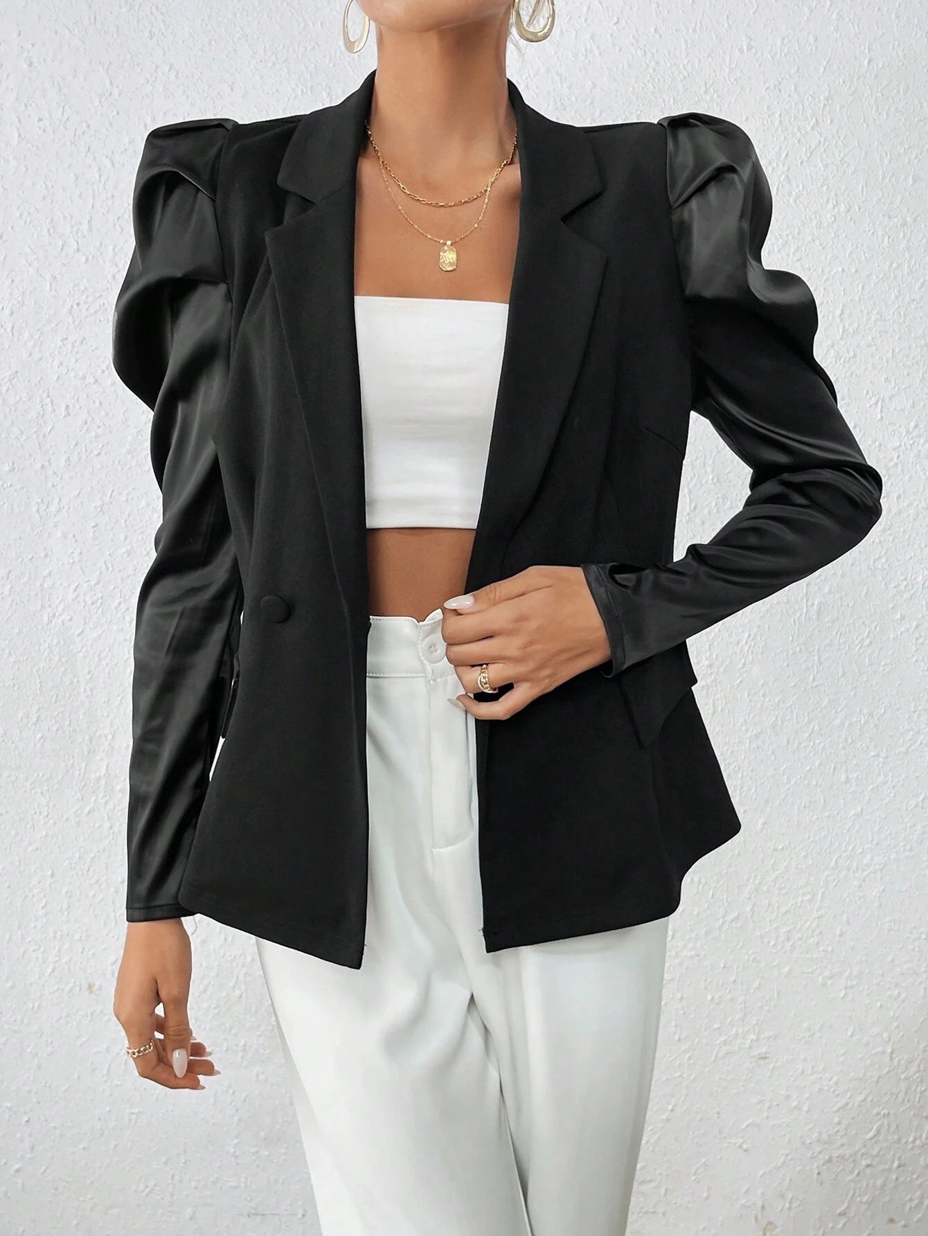 Privé Women's Turn-down Collar Puff Sleeve Double Breasted Blazer Jacket