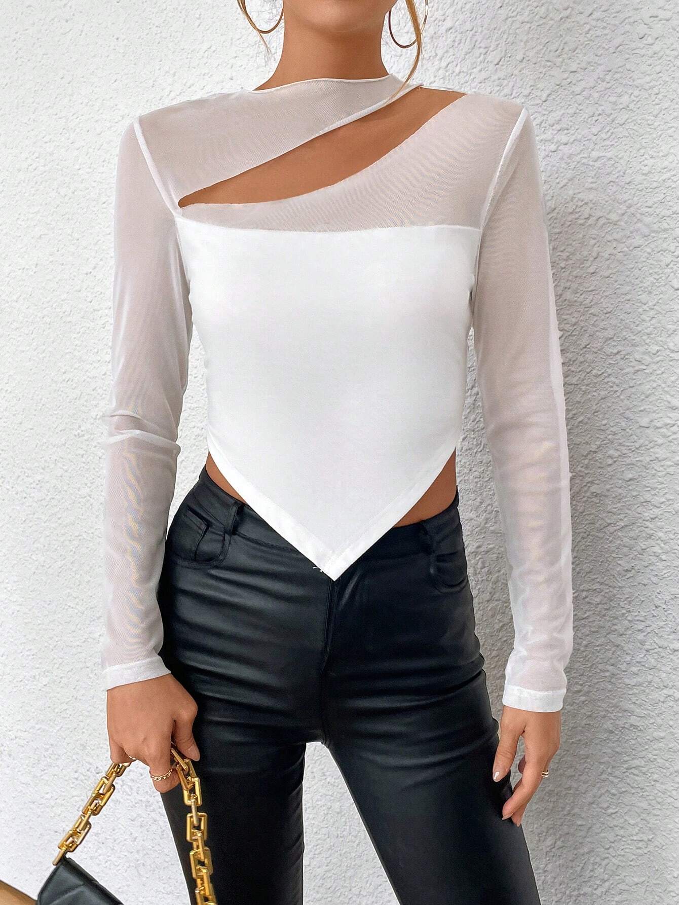 Privé Contrast Mesh Cut Out Asymmetrical Hem Tee