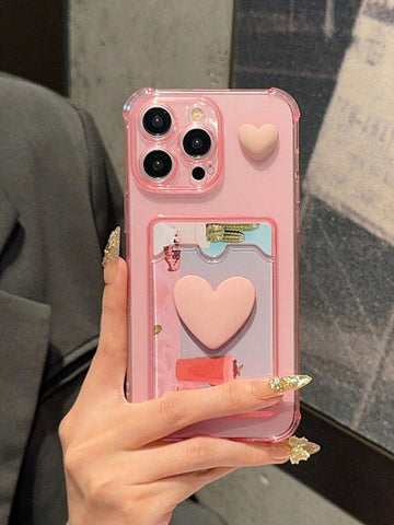 Y2K Sliding Transparent Double Heart Sticker Picture Frame Card Holder Phone Case