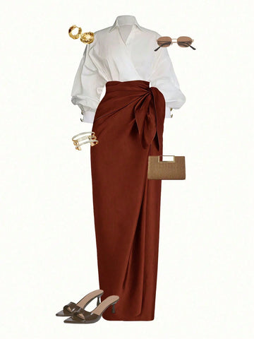 Wrap Long Sleeve Top And Tie-Waist Skirt