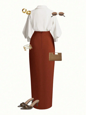 Wrap Long Sleeve Top And Tie-Waist Skirt