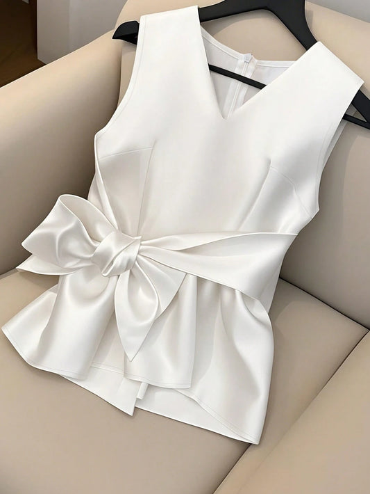 Women's V-Neck Sleeveless Waist Tie Bow Decor Simple Solid Elegant Design Camisole Tank Top