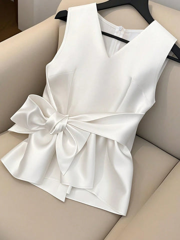 Women's V-Neck Sleeveless Waist Tie Bow Decor Simple Solid Elegant Design Camisole Tank Top