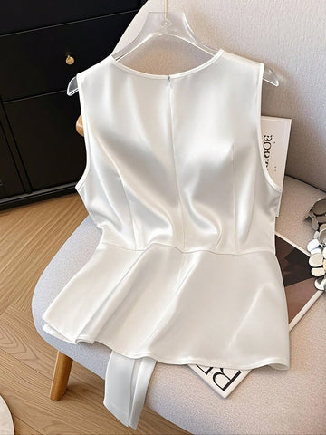 Women's V-Neck Sleeveless Waist Tie Bow Decor Simple Solid Elegant Design Camisole Tank Top