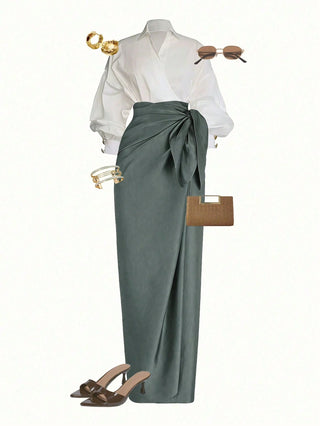 Wrap Long Sleeve Top And Tie-Waist Skirt