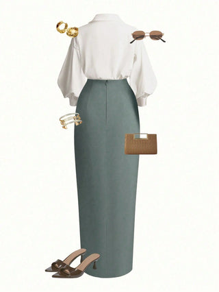 Wrap Long Sleeve Top And Tie-Waist Skirt