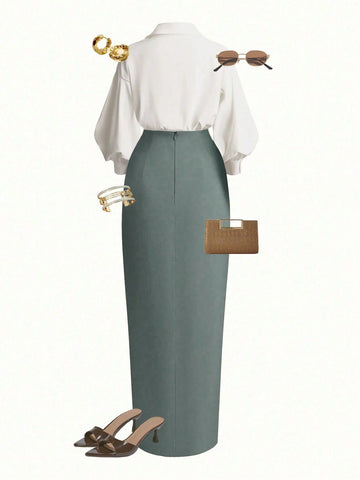 Wrap Long Sleeve Top And Tie-Waist Skirt